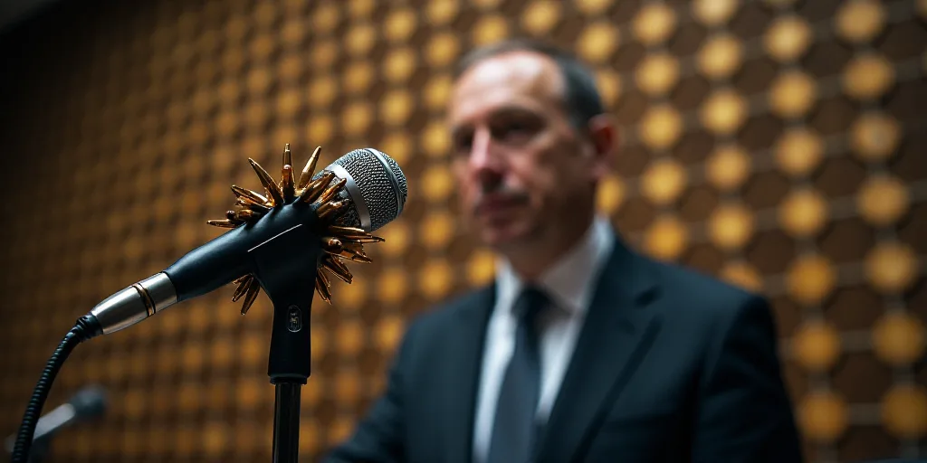 a microphone with a bunch of bullet heads on it's side and a wall of bullet heads on the other side,