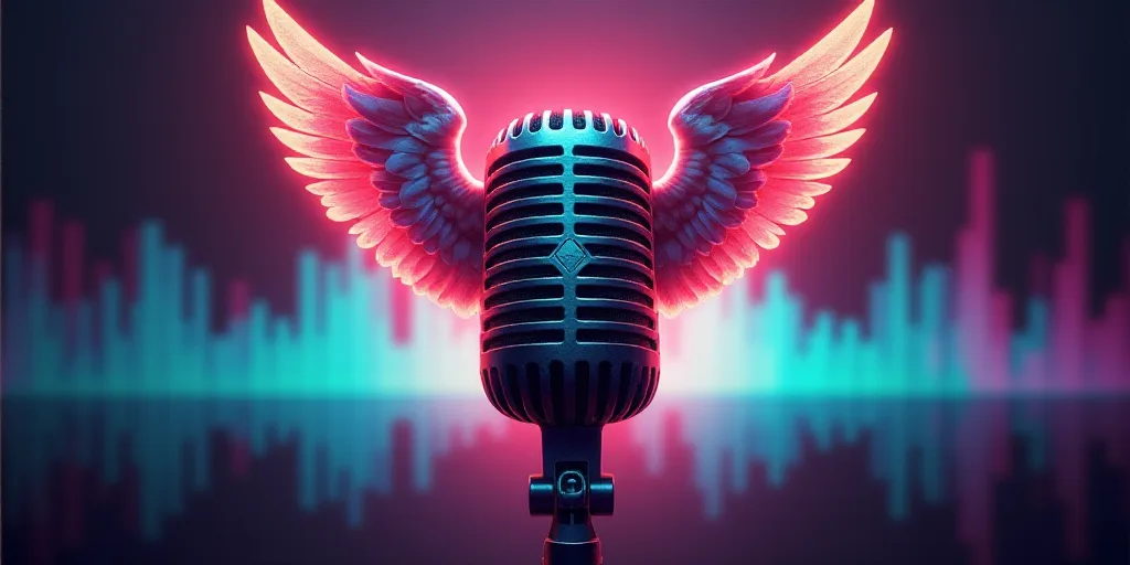 a microphone with a winged figure on top of it in front of a colorful background of sound waves and