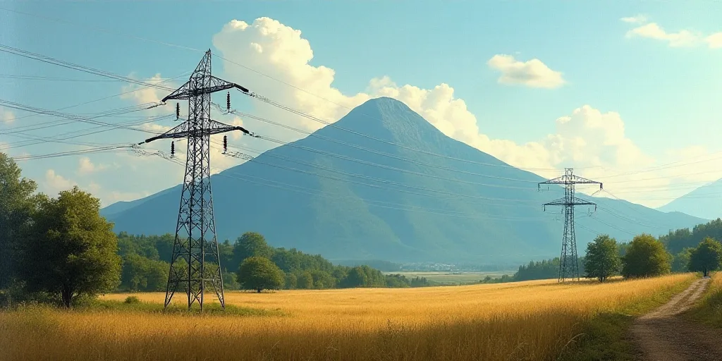a mountain with a lot of power lines in the foreground and a field with trees in the foreground, Cef