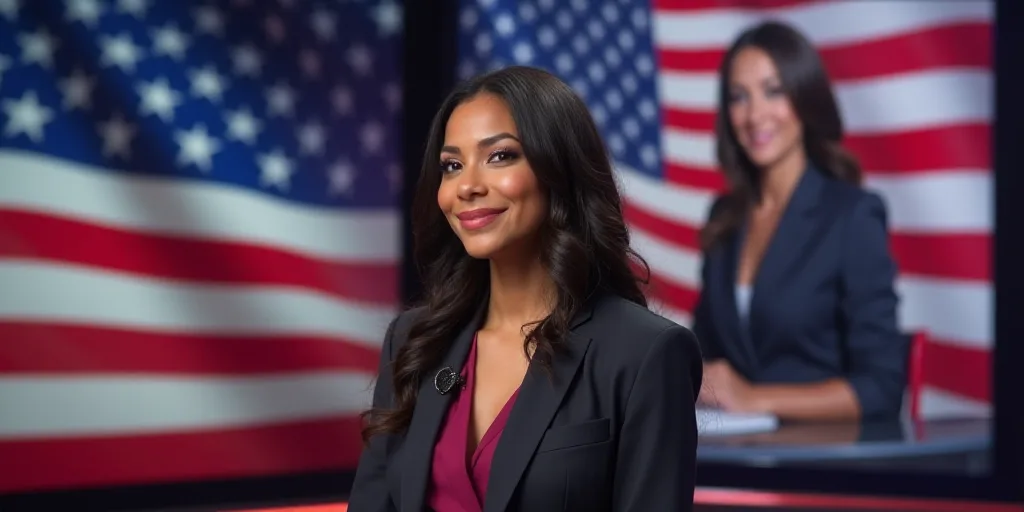 a news anchor is shown in front of an american flag and a news anchor is on the screen with a microp