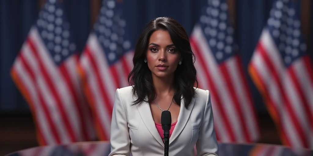 a news anchor is shown in front of american flags and a news anchor is on the screen with a micropho