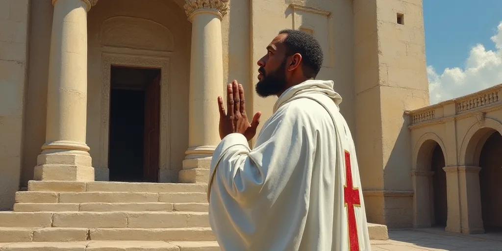 a painting of a man in a white robe and red cross on his hands, praying in front of a cathedral, Can