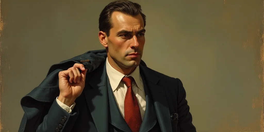 a painting of a man with a jacket on and a tie on his neck and a jacket on his shoulder, Augustus Jo