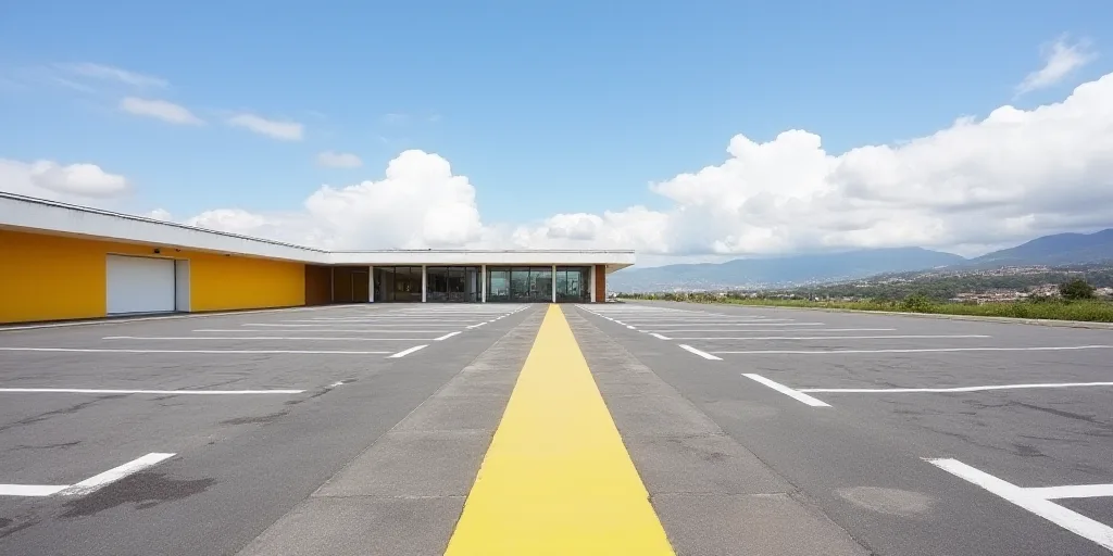a parking lot with a building in the background and a blue sky with clouds in the background and a y