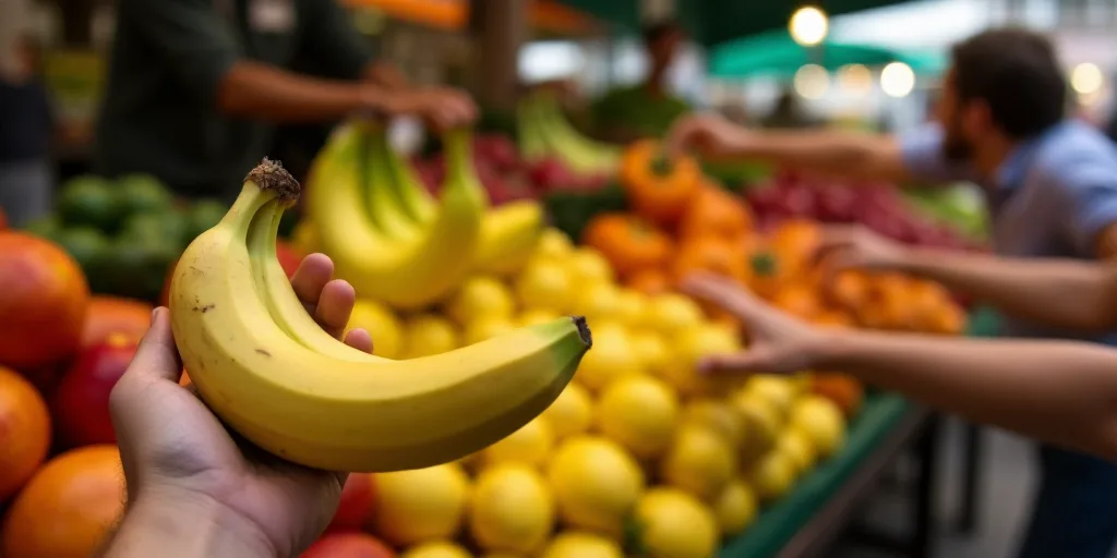 a person holding a banana in front of a display of fruit at a market stall with other people reachin
