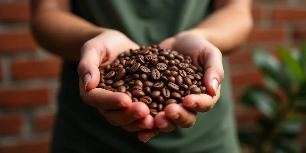 a person holding a basket full of coffee beans in their hands, with a brick wall in the background,