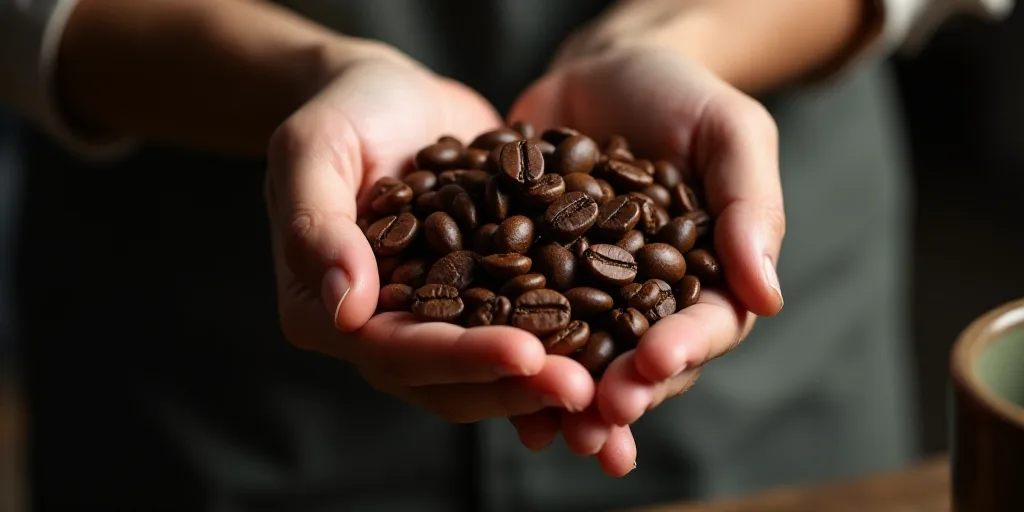 a person holding a bunch of coffee beans in their hands over a pot of coffee beans that are being he