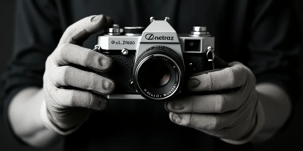 a person holding a camera in their hand with a glove on it's arm and a glove on the other hand, Andr