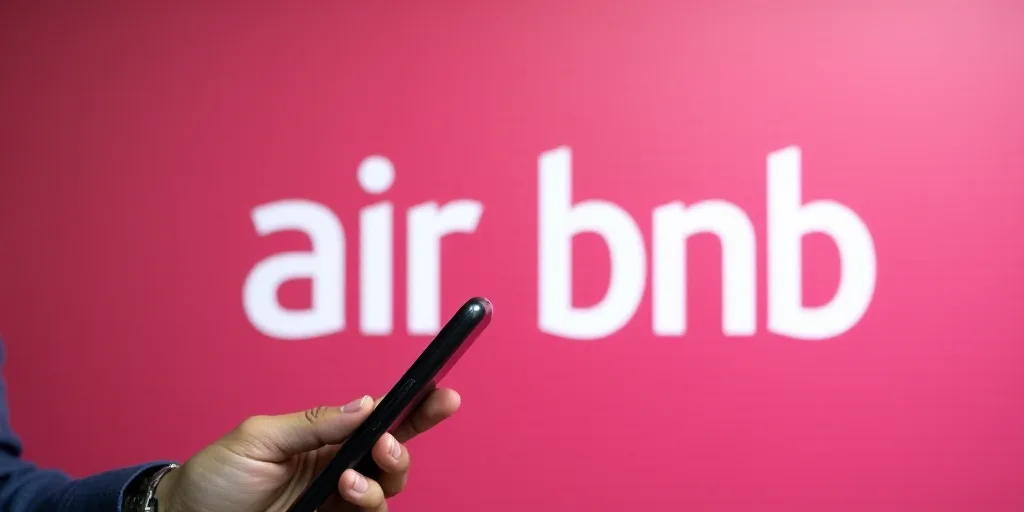 a person holding a cell phone in front of a sign that says air bnb and a pink background, Bourgeois,