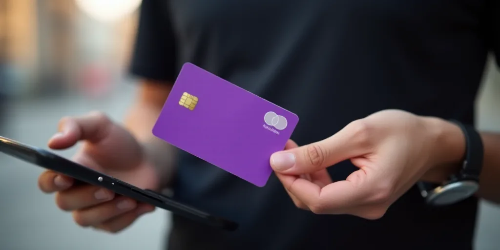 a person holding a cell phone and a purple card in their hand, with a person holding a smart phone i