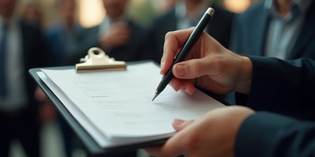 a person holding a clipboard with a pen and paper on it and a person pointing at it with a clipboard