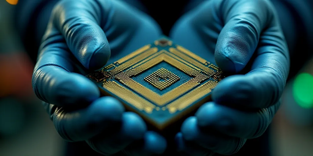 a person holding a computer chip in their hands with gloves on it and a glove on the arm of the chip