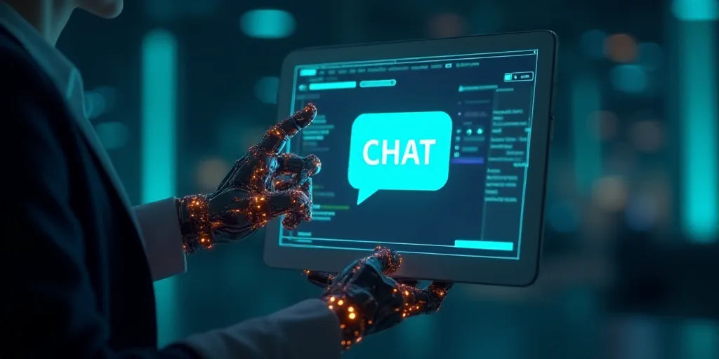 a person holding a computer screen with a chat button on it and a hand touching it with a finger, Ai