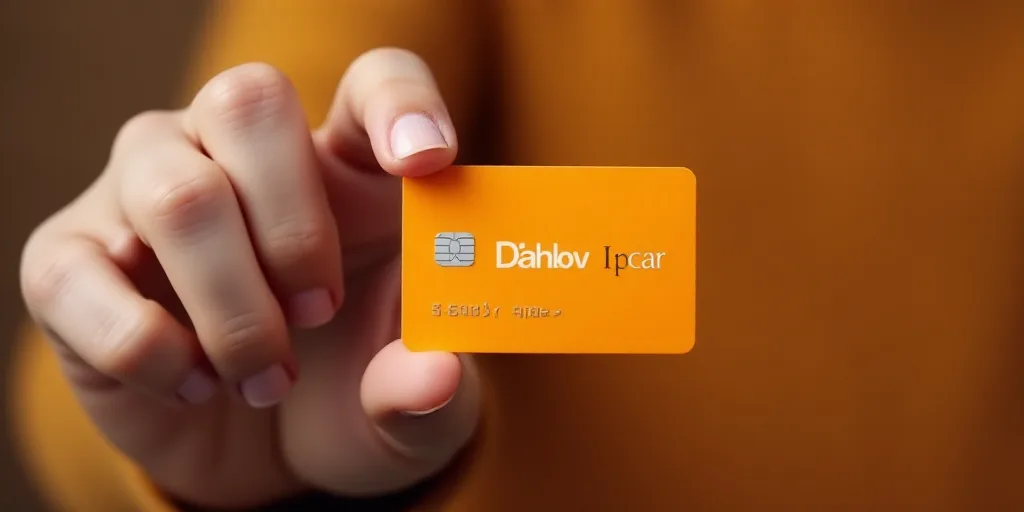 a person holding a credit card with a hand holding it with a finger and a thumb on it, with the word