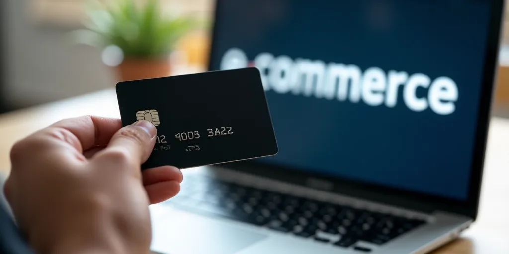 a person holding a credit card in front of a laptop computer with the word e - commerce on it, Andri