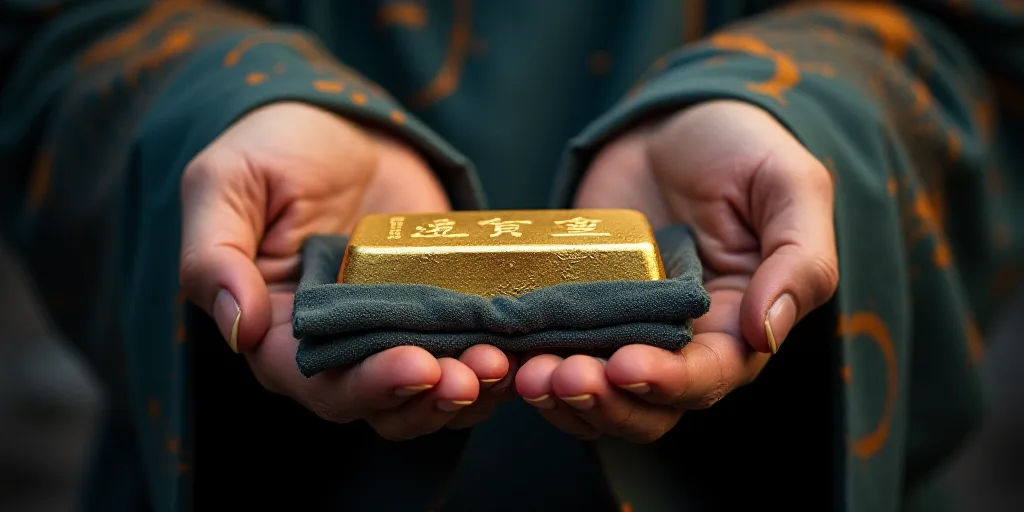 a person holding a gold bar in their hand and a blue cloth on top of it and a blue cloth on the othe