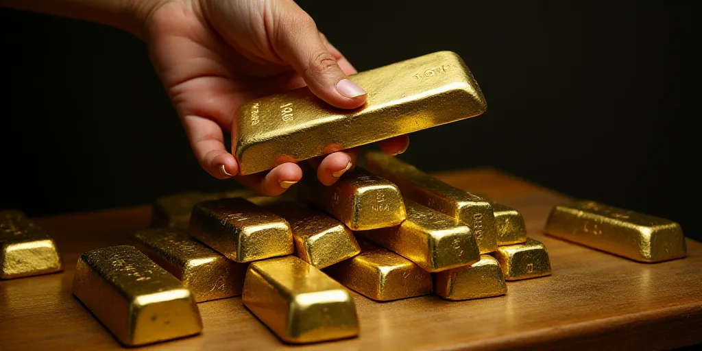 a person holding a gold bar over a pile of gold bars and other gold bars on a table with a hand, Eng
