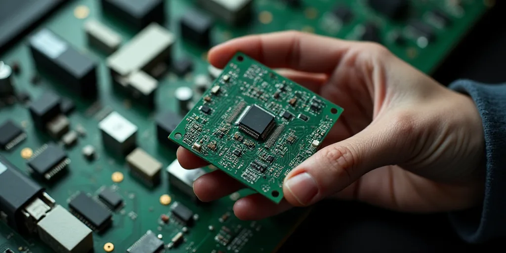 a person holding a piece of electronic circuit board in their hand with many pieces of electronic eq