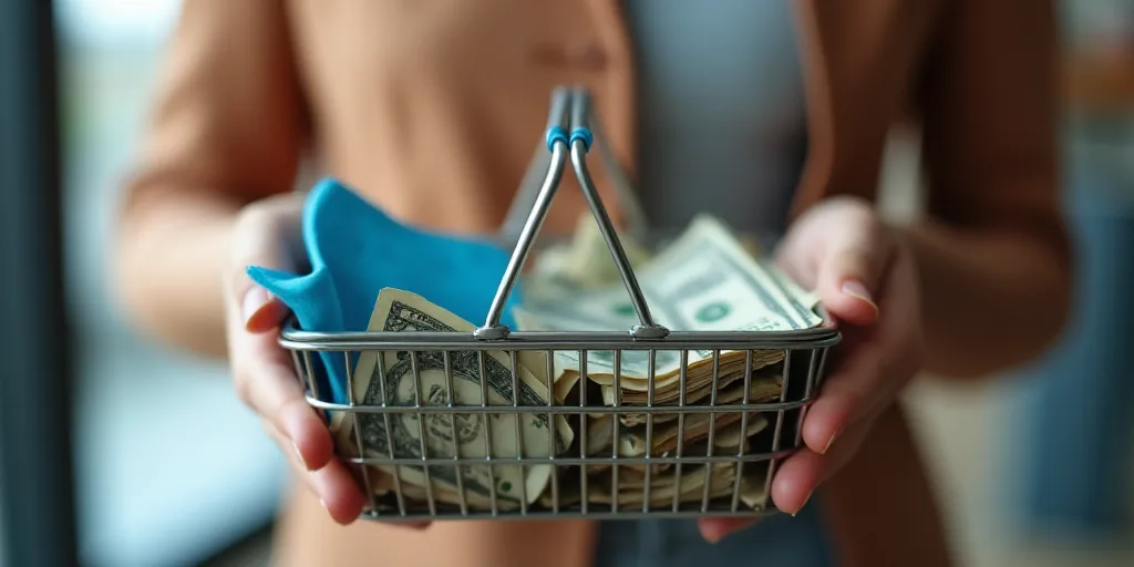 a person holding a shopping basket full of money in it's hands and a blue plastic object in the othe