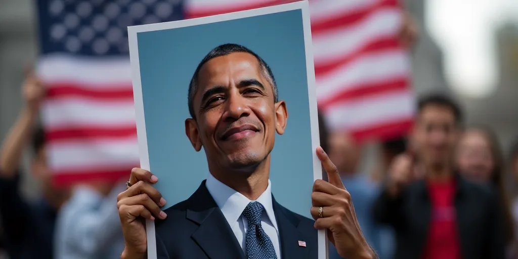 a person holding a sign with a picture of president obama on it and a flag in the background with a