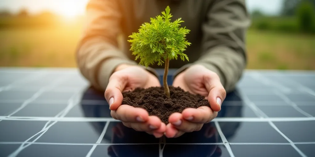 a person holding a small tree in their hands on a solar panel with sunlight shining on the ground be