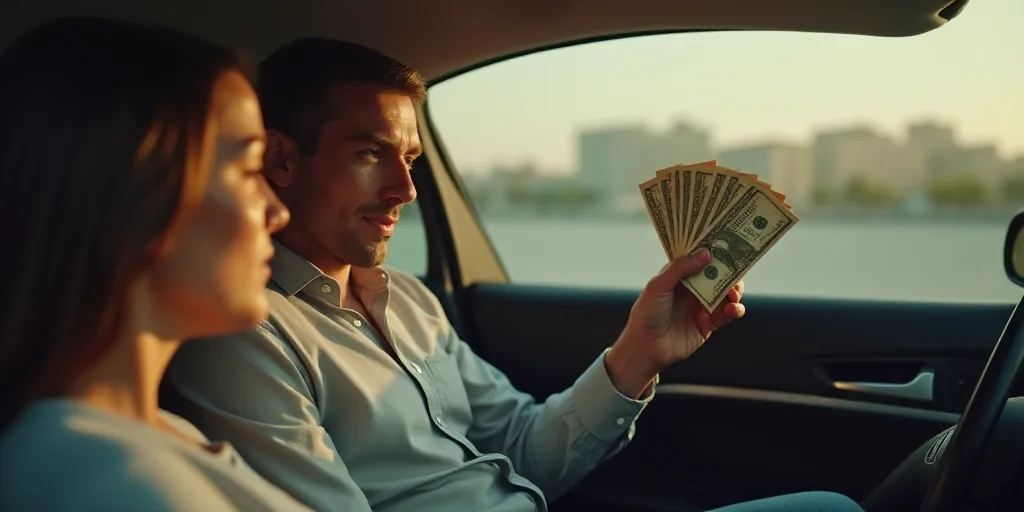 a person holding a ticket and a person holding a fan of money in their hand while sitting in a car,