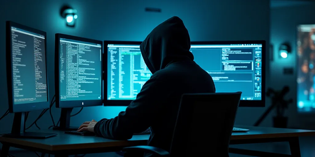 a person in a hooded jacket is working on a computer with a lot of data on the screen behind him, An