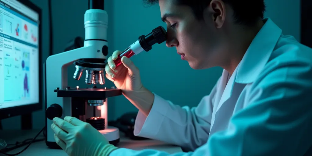 a person in a lab coat and gloves holding a tube of blood in front of a microscope and a monitor, An