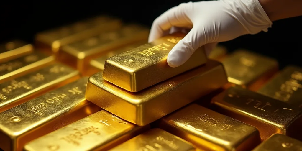 a person in white gloves holding a gold bar over a pile of gold bars on a table with other gold bars