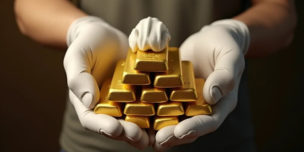 a person in white gloves is holding a stack of gold bars in their hands and a glove is on the top of