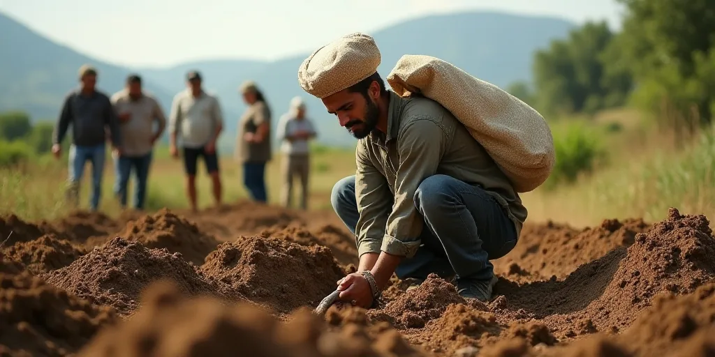 a person is digging in the dirt with a bag on his head and a bag on his shoulder, with a group of pe