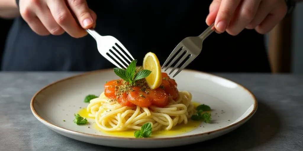 a person is holding a fork and knife over a plate of food with a lemon slice and garnish, Carpoforo