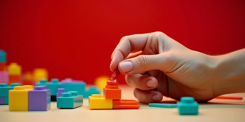 a person is making a lego creation with a plastic tool and plastic blocks on a table with a red back