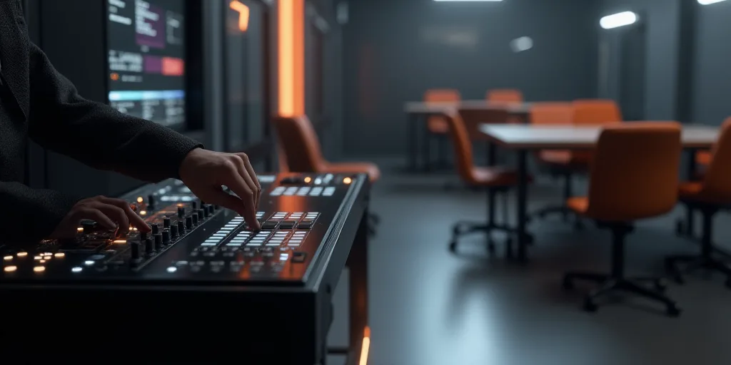 a person is pressing buttons on a black device in a room with chairs and tables in the background an