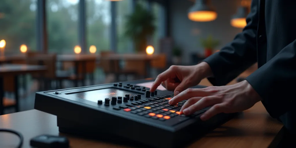 a person is pressing buttons on a black device in a room with chairs and tables in the background an