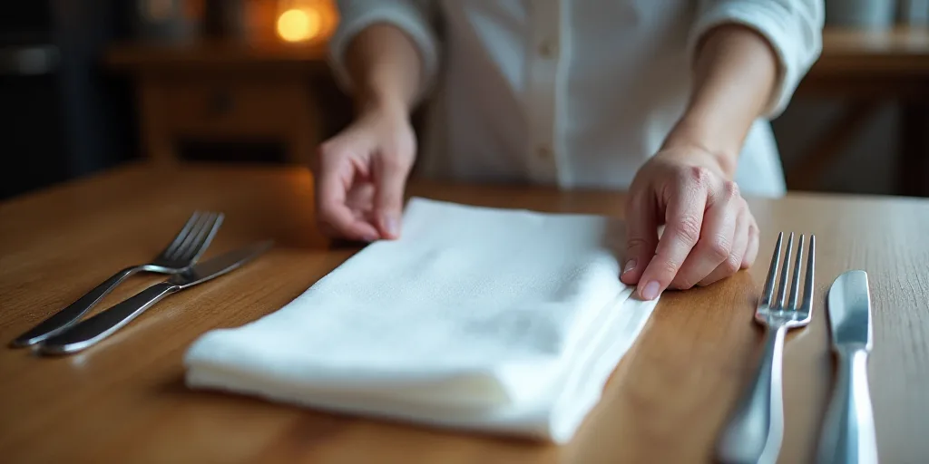 a person is putting a napkin on a table with forks and knives on it and a woman is standing behind t