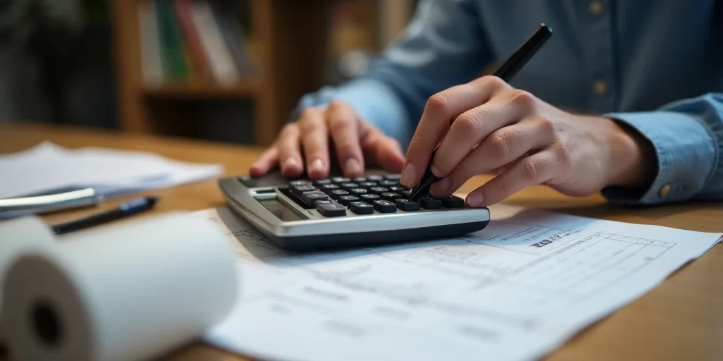 a person is using a calculator on a desk with papers and a pen and paper towel on top of it, Evelyn