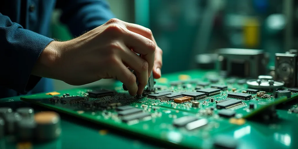a person is working on a green circuit board with a machine in the background and a person is holdin