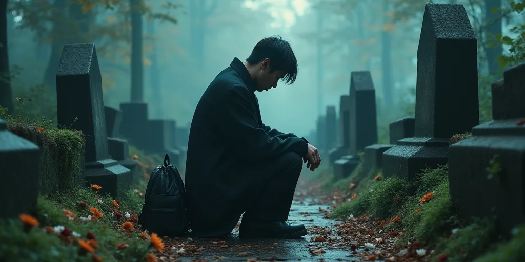 a person kneeling down in a cemetery with flowers on the headstones and a backpack on the ground nex