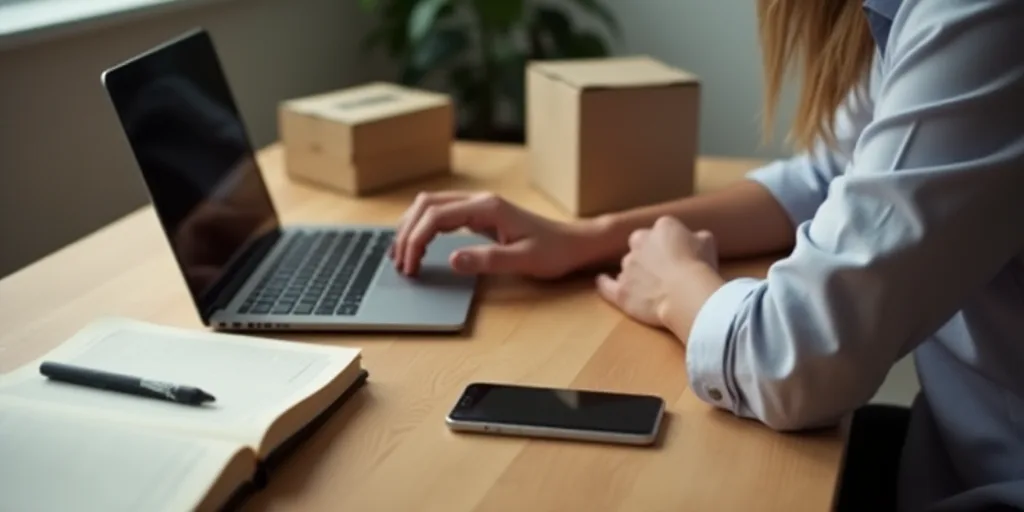 a person sitting at a table with a laptop and boxes on it and a cell phone and a book, Andries Stock