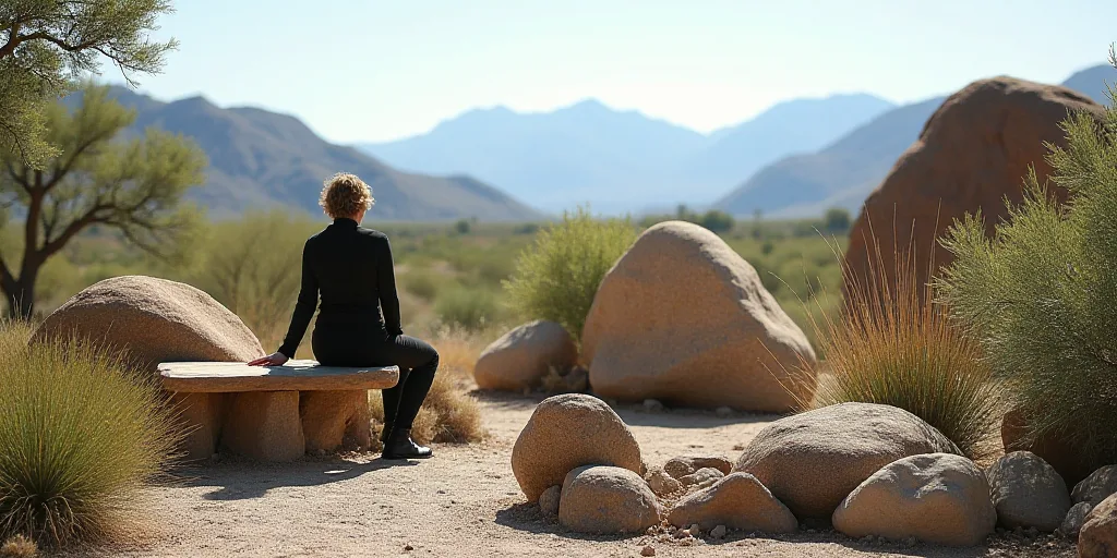 a person sitting on a bench in a garden with large rocks and plants around them and mountains in the