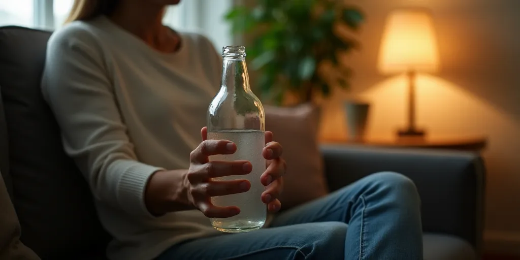 a person sitting on a couch holding a glass bottle in their hands and a plant in the background with