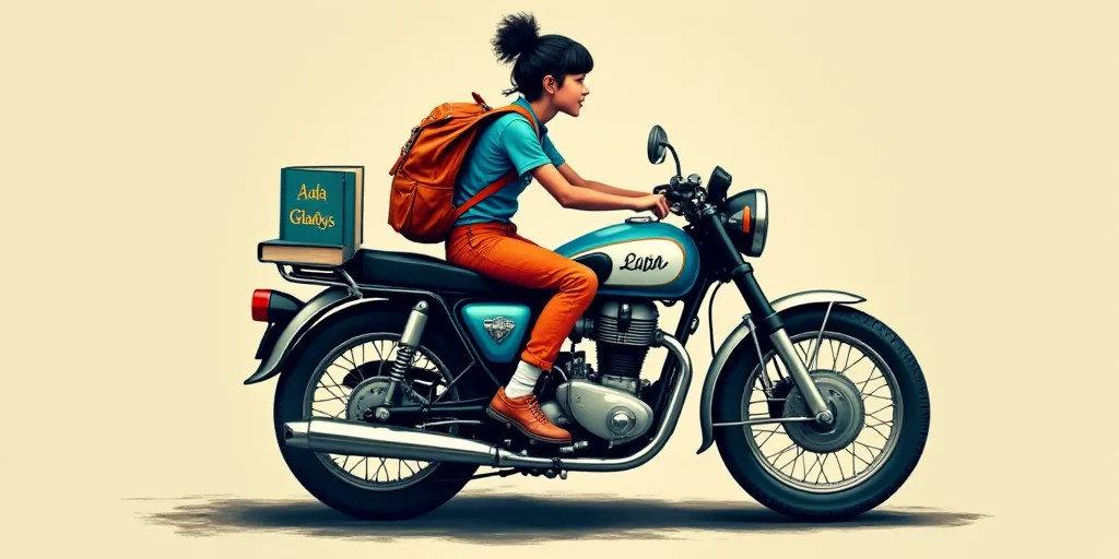 a person sitting on a motorcycle with a book and a backpack on it's back and a logo on the back of t