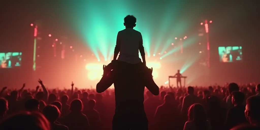 a person standing in front of a large crowd of people at a concert or festival with a person on thei