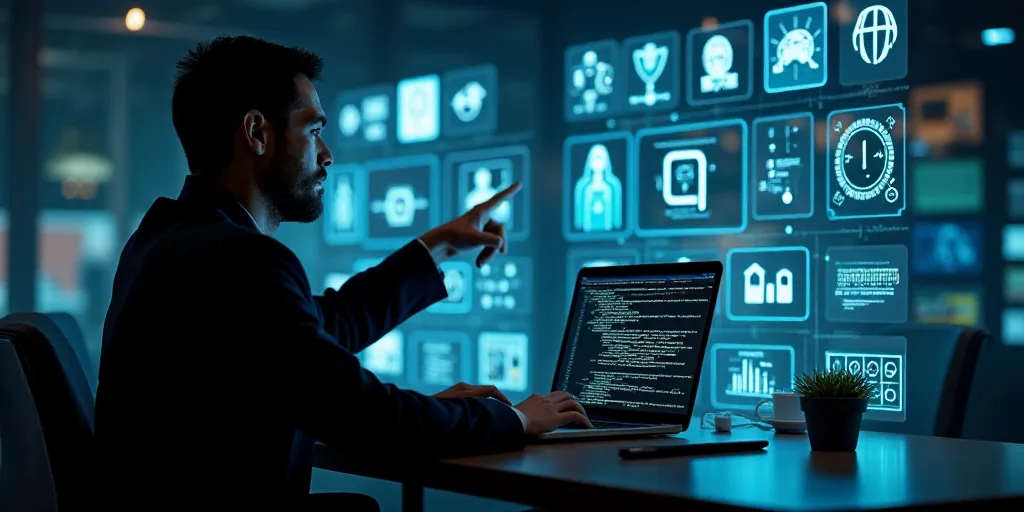 a person using a laptop on a table with a lot of icons around them and a person pointing at it, Denn