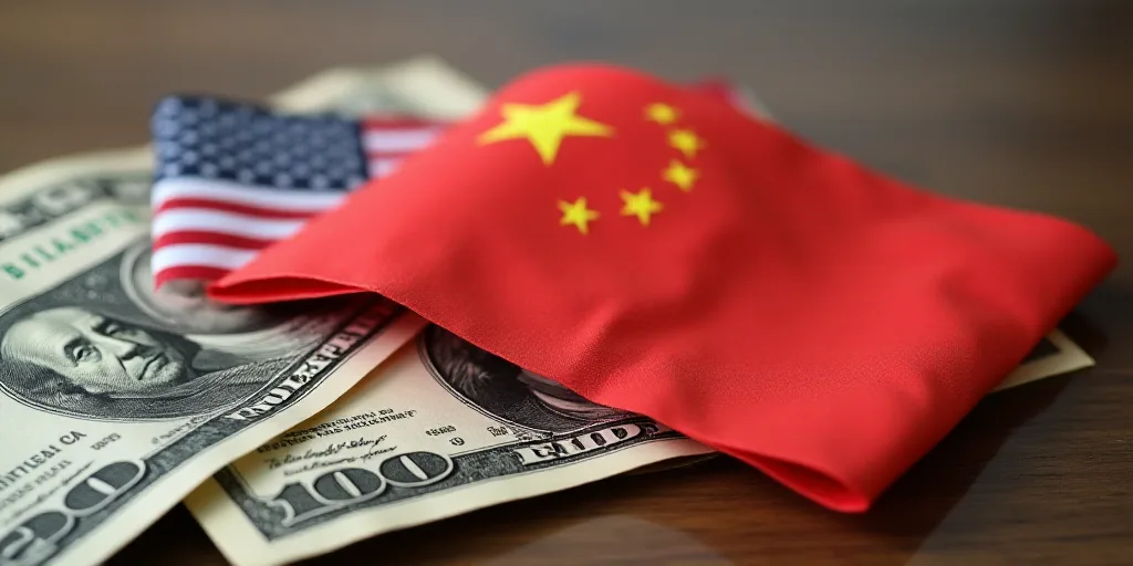 a pile of chinese and american flags and money on a table with a us dollar bill in the background, C