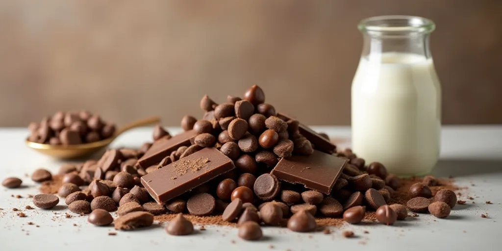 a pile of chocolate and nuts next to a glass jar of milk and a spoon of milk and chocolate chips, Cl