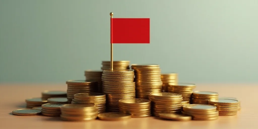 a pile of coins with a flag sticking out of it and a flag sticking out of the top of the stacks, Ber