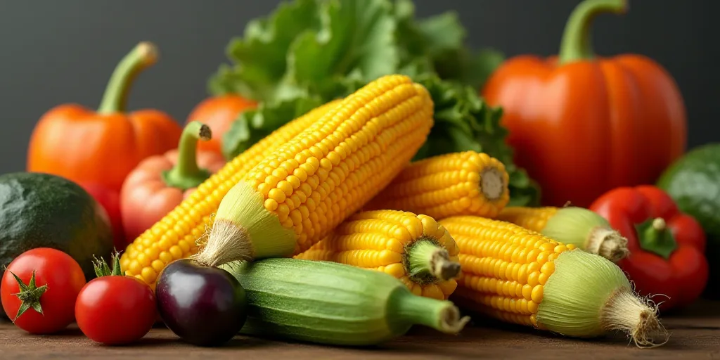 a pile of corn on the cob with other vegetables in the background and a bunch of other vegetables in