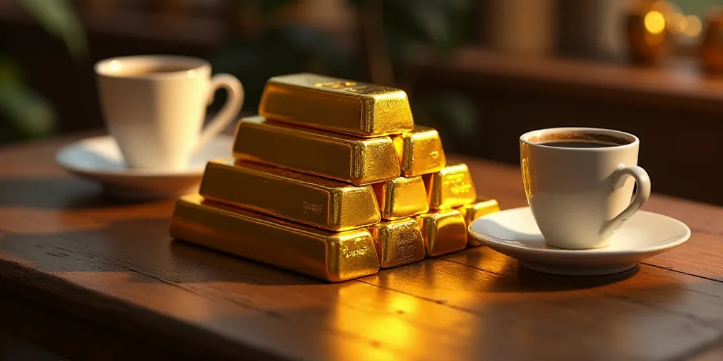 a pile of gold bars sitting on top of each other on a table next to a cup of coffee, Enguerrand Quar